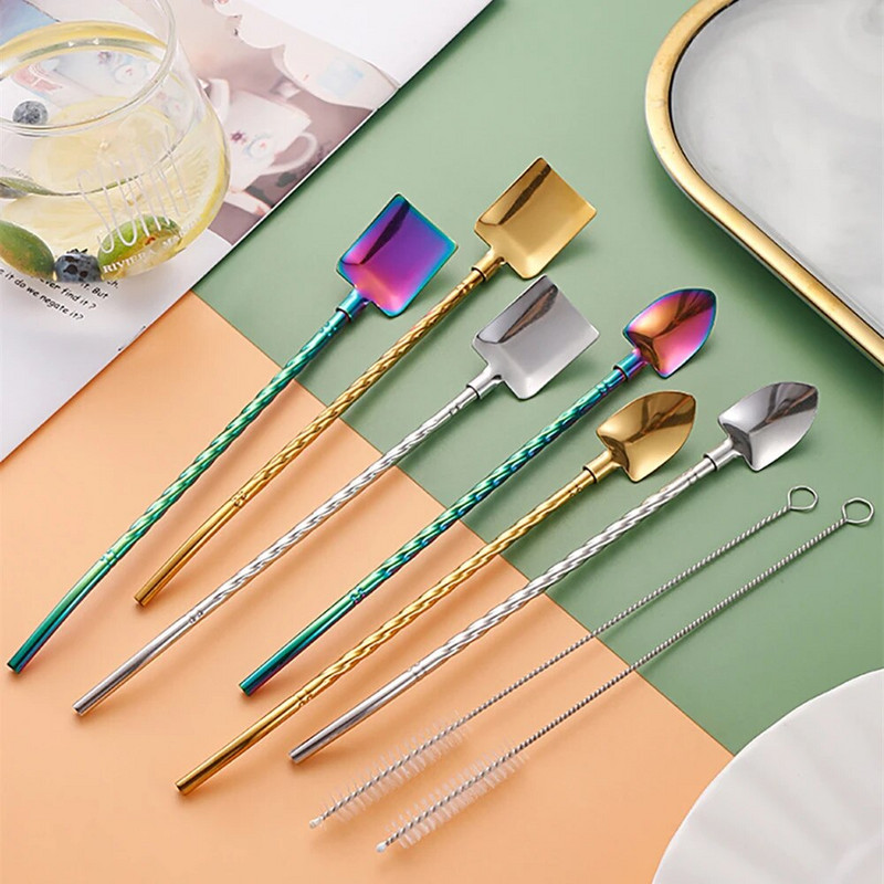 2 viename geriamųjų šiaudelių šaukštas Creative nerūdijančio plieno daugkartinio naudojimo geriamojo šiaudelio kokteilio maišymo šaukštas Pieno kavos maišymo įrankis