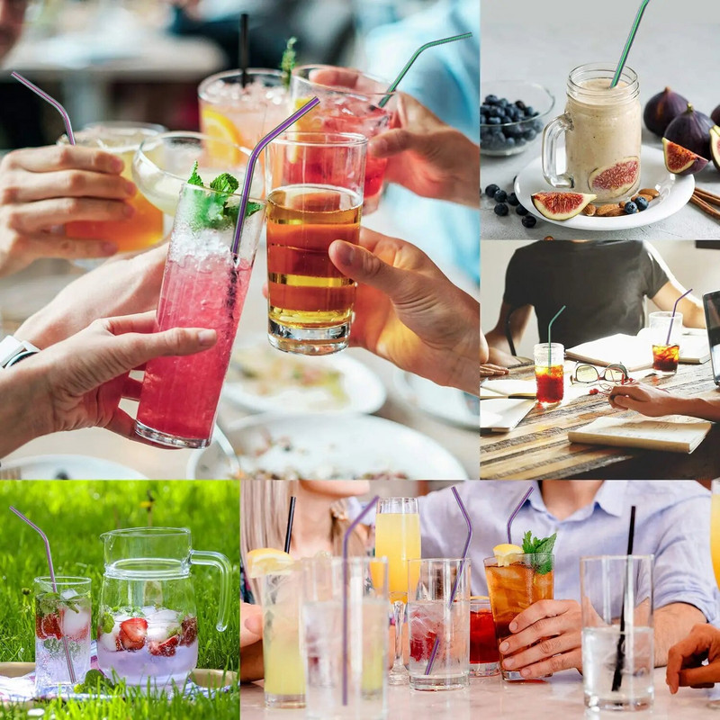 8 vnt. Daugkartinio naudojimo geriamasis šiaudelis Metalinių šiaudelių valiklis 304 Nerūdijančio plieno šiaudelių rinkinys Tiesiai išlenktas Ekologiškas gėrimų šiaudelis