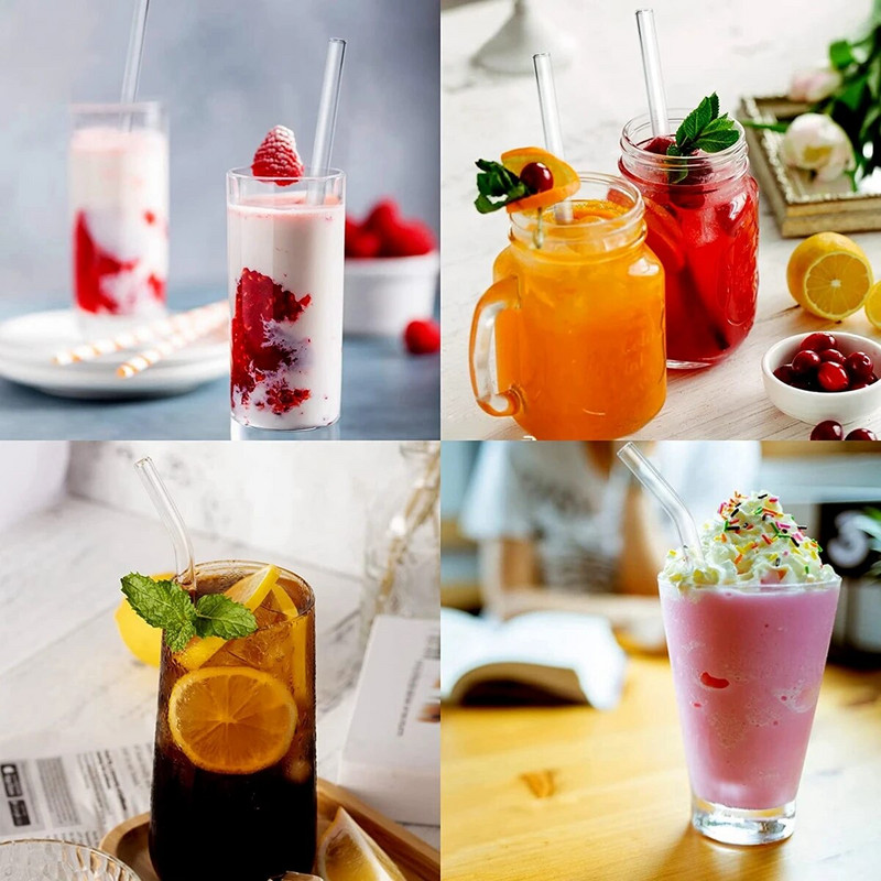 4 vnt. 20 cm daugkartinio naudojimo stikliniai šiaudeliai gėrimui Spalvingi stikliniai šiaudeliai gėrimams Sultys Ekologiški kokteilių šiaudeliai Baro gėrimai