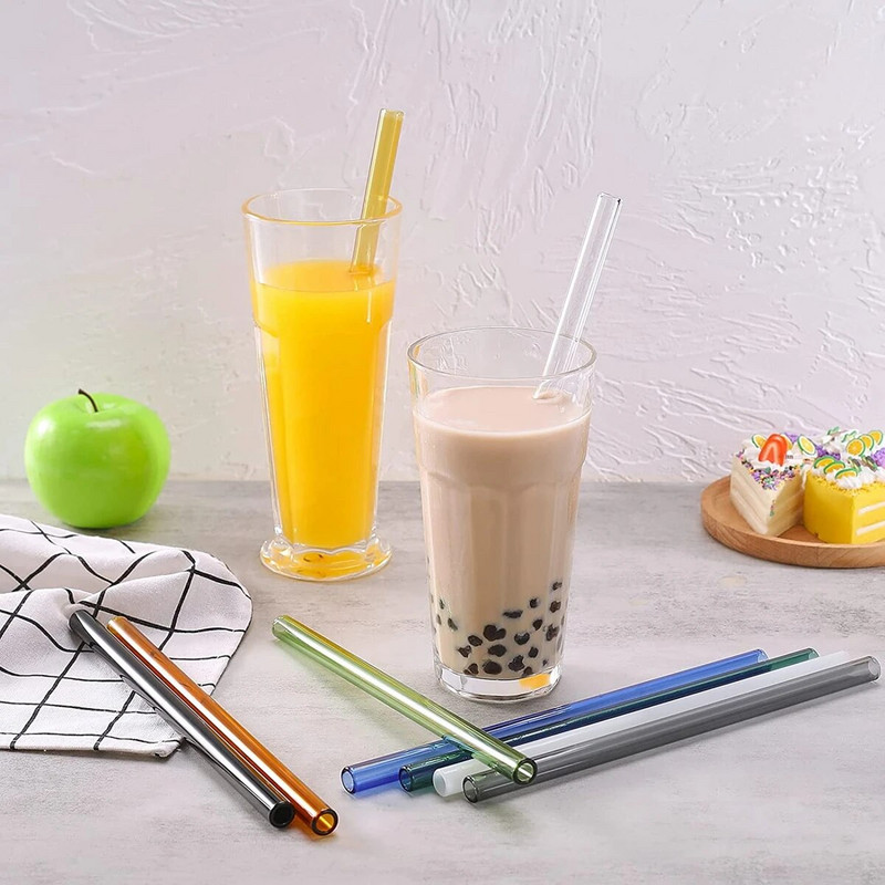 4 vnt. 20 cm daugkartinio naudojimo stikliniai šiaudeliai gėrimui Spalvingi stikliniai šiaudeliai gėrimams Sultys Ekologiški kokteilių šiaudeliai Baro gėrimai