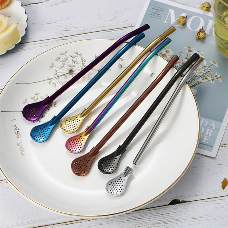 2vnt 304 nuimami nerūdijančio plieno arbatos gėrimo šiaudeliai šaukštas Yerba Mate arbatos filtras daugkartinio naudojimo arbatos įrankiai baro priedai