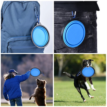Πτυσσόμενο μπολ σκύλου Πτυσσόμενο μπολ σιλικόνης Μπολ για ταξίδια κατοικίδιων ζώων Φαγητό νερό τροφοδοσίας χωρίς BPA Πτυσσόμενο πιάτο με καραμπίνερ