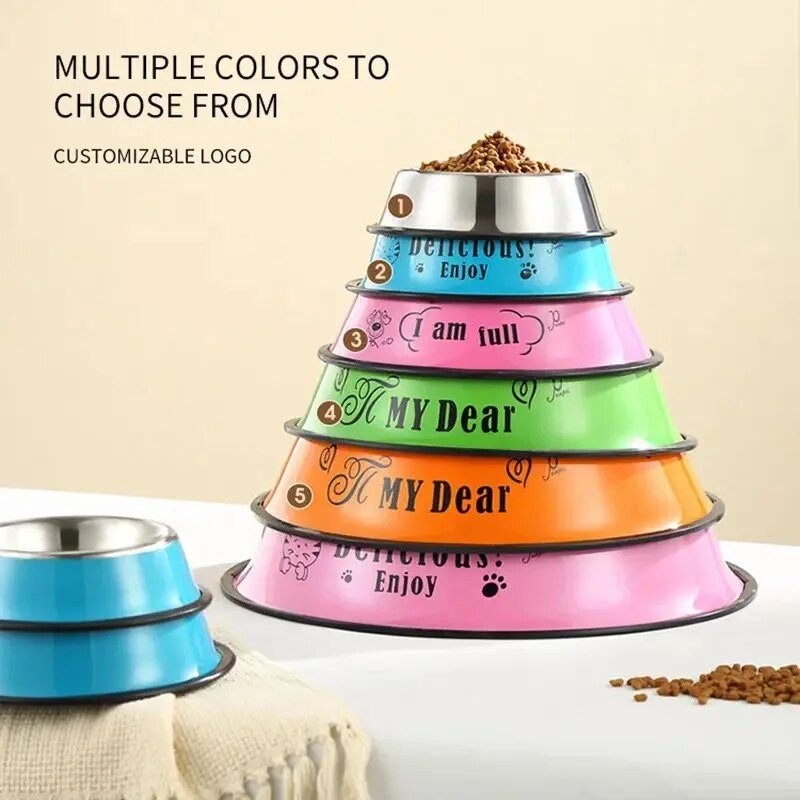 Színes etetőtálak etetőtálak macskakutyák számára, Hordozható, rozsdamentes acélból készült aranyos tál vízivó csésze állatetető kellékek