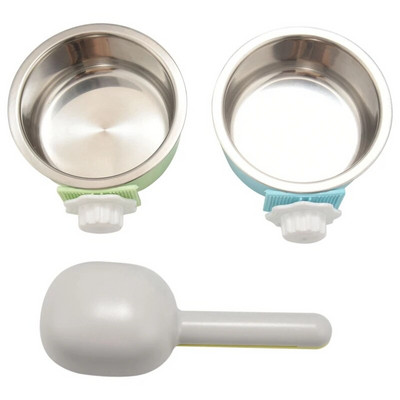 2 Pieces Crate Dog Bowl, Removable Stainless Steel Pet Kennel Hanging Food Water Feeder Bowl Cage Coop Cup With Spoon