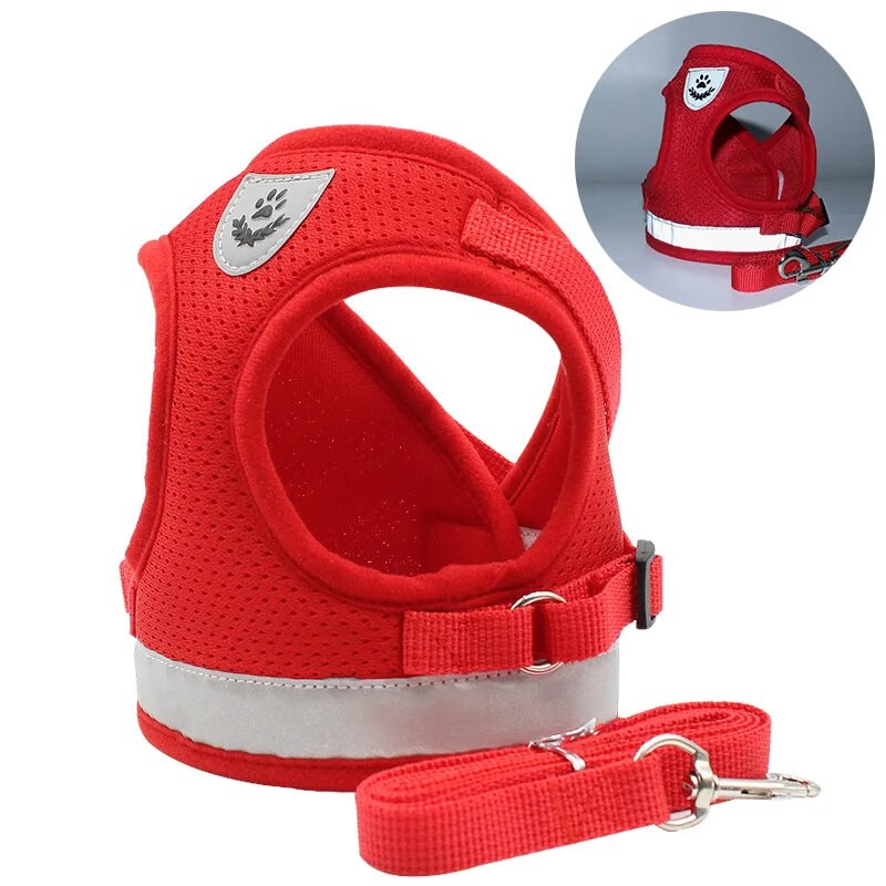 Set de lesă pentru ham pentru câini din plasă pentru câini de companie mici, cățeluș, pug, buldog, frânghie de tragere, guler respirabil, accesorii pentru pisici