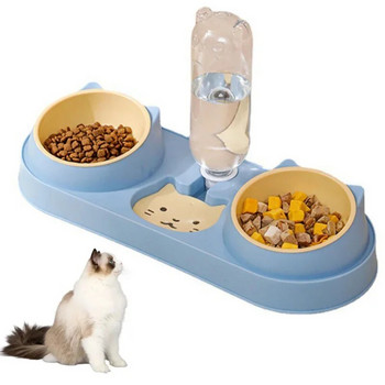 Pet Cat Bowl Автоматична хранилка Кучешка храна Купа с воден фонтан Двойна купа Пиене Повдигната стойка Купи за съдове за котки