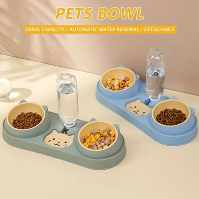 Pet Cat Bowl Automatic Feeder Dog Food Bowl with Water Fountain Double Bowl Drinking Raised Stand Dish Bowls for Cats