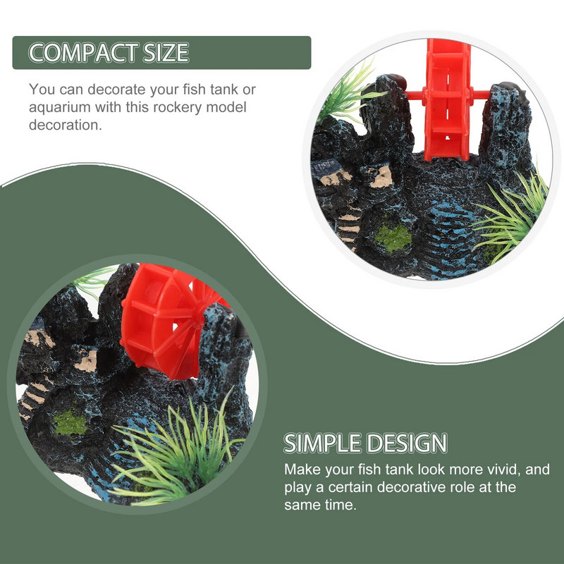 Papuoškite Rockery Plant Water Wheel Air Maker Ornamentą Akvariumo dervos žuvų prieglaudą