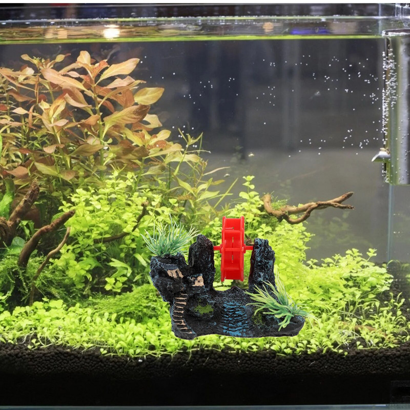 Papuoškite Rockery Plant Water Wheel Air Maker Ornamentą Akvariumo dervos žuvų prieglaudą