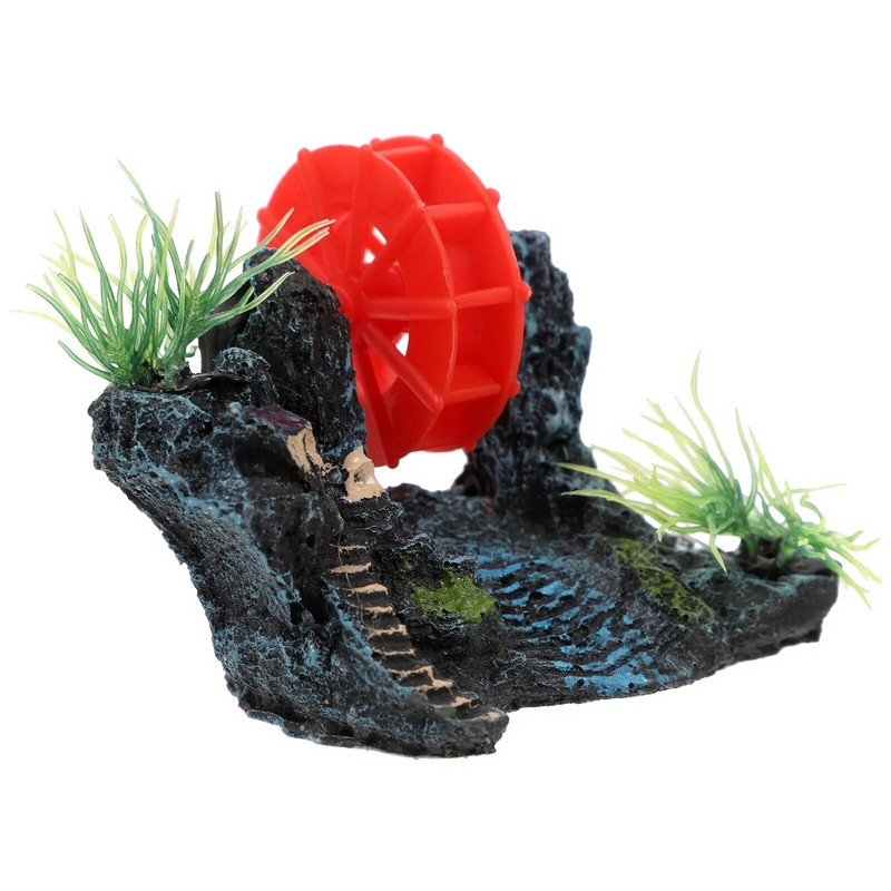 Papuoškite Rockery Plant Water Wheel Air Maker Ornamentą Akvariumo dervos žuvų prieglaudą