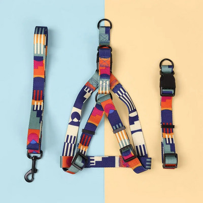 Šunų petnešos ir pavadėlis – abstrakčios kratinio spalvos – patogus reguliuojamas dydis – tinka šunims lauko veiklai