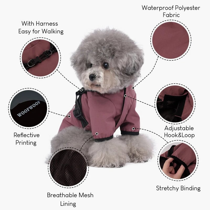 Šviesą atspindinti keturkojė vienspalvė striukė naminiams gyvūnėliams, lietpaltis su gobtuvu, šuniukų drabužiai, maži ir vidutiniai šunys, viršutiniai drabužiai katėms