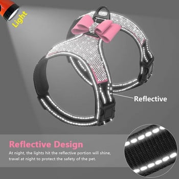 Bling Rhinestone Mesh Dog Harness Сладък Bowknot Малки кучешки колани Жилетка Светлоотразителна жилетка за кученце, котка, регулируема за кучета Чихуахуа