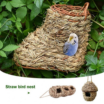 Ръчно плетена къщичка за птици Естествена трева Птиче гнездо Заслон Колиба Скривалище за малки птици Отвън Врабчета Висящи къщички за гнезда за папагали