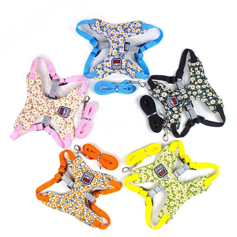 Húzás nélkül állítható kutyahám és póráz kistestű kutyáknak macska virágmintás kölyökkutya sétáló túramellény mellkasszíj kisállat kellékek