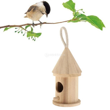 Творческа дървена къщичка за птици с висящо въже Дървена къщичка за птици Декорация за домашно градинарство Птиче малко горещо гнездо