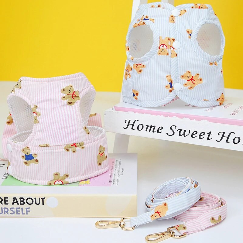 Ham cu plasă pentru câini fete și băieți, model de urs, ham pentru câini, vestă, cățeluș, pisică, cu papion, veste, set de lesă pentru câini de talie mică, accesoriu pentru animale de companie