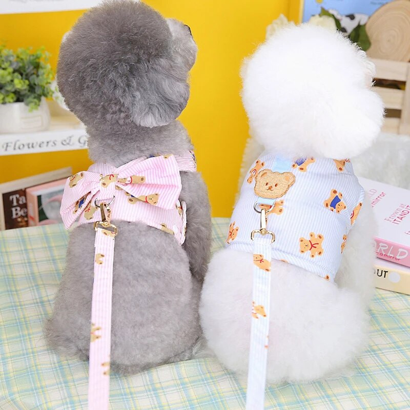 Ham cu plasă pentru câini fete și băieți, model de urs, ham pentru câini, vestă, cățeluș, pisică, cu papion, veste, set de lesă pentru câini de talie mică, accesoriu pentru animale de companie
