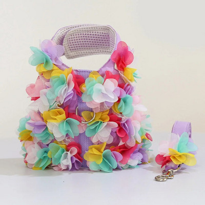 Luxus Flower Girl Dogs hám és póráz készlet húzás nélkül, puha, állítható, légáteresztő hálós aranyos virágos kiskutya kisállat biztonsági mellény