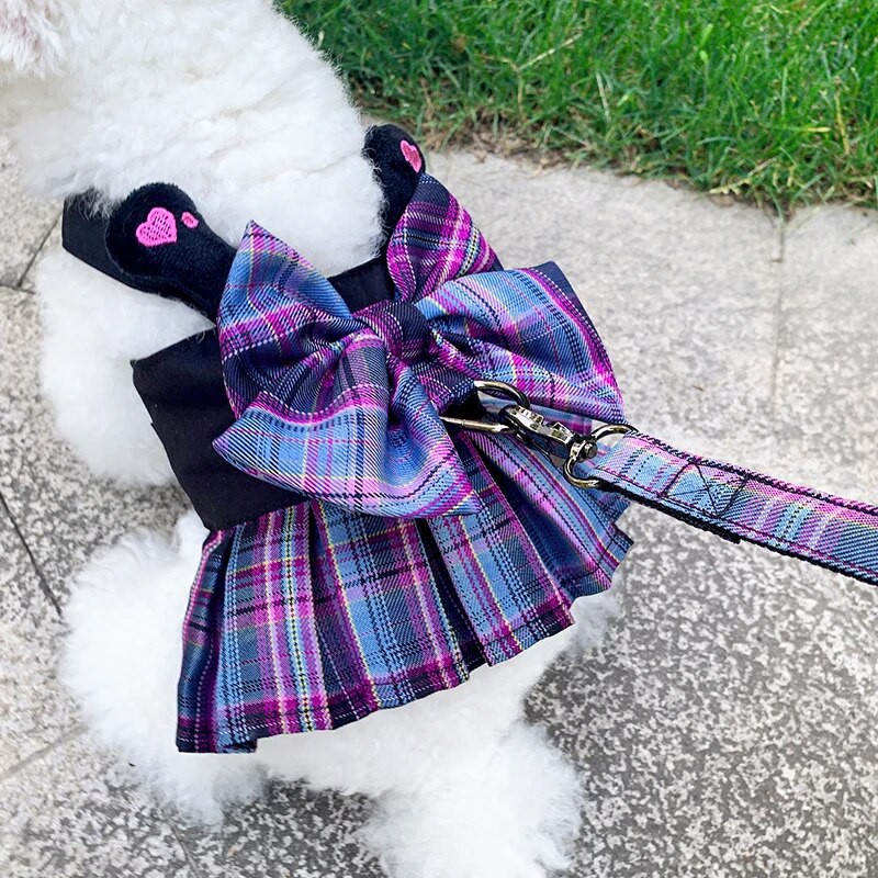 Fialové mašľové šaty pre psov, obojky a postroje s vodítkom, XXS XL, postroj na venčenie domácich zvierat, vesta na vedenie pre čivavy a mopsy