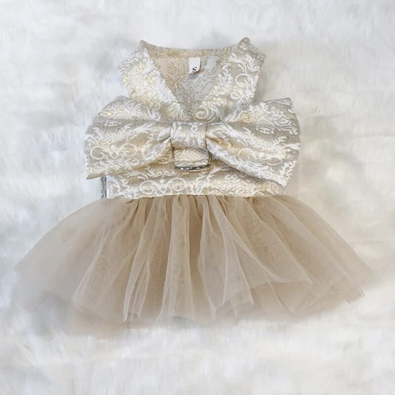 Auksinė šunų pakinktų suknelė mažiems šunims Prabangūs dizainerio rūbai šuniukui su D formos žiedu, naminių kačių apranga, pasivaikščiojimo vakarėliu ir vestuvėmis