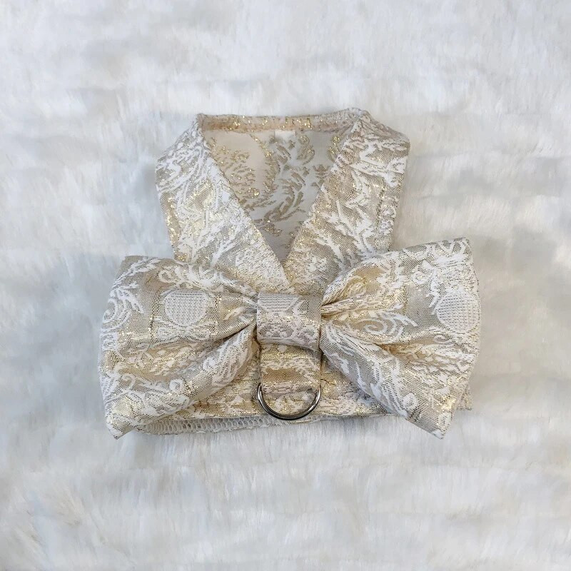 Auksinė šunų pakinktų suknelė mažiems šunims Prabangūs dizainerio rūbai šuniukui su D formos žiedu, naminių kačių apranga, pasivaikščiojimo vakarėliu ir vestuvėmis