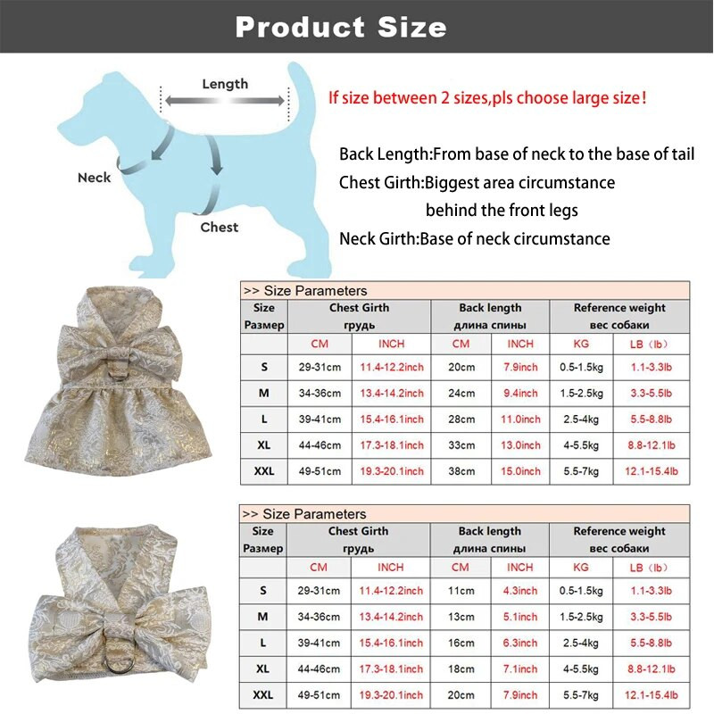 Auksinė šunų pakinktų suknelė mažiems šunims Prabangūs dizainerio rūbai šuniukui su D formos žiedu, naminių kačių apranga, pasivaikščiojimo vakarėliu ir vestuvėmis