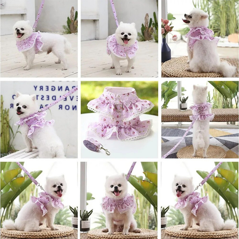 Нагръдник за кучешка рокля Момиче Комплект нагръдник и каишка за куче Цвете Нагръдник за куче Сладко малко куче Котешки нагръдник Рокли Облекло за домашни любимци Цветя Дрехи