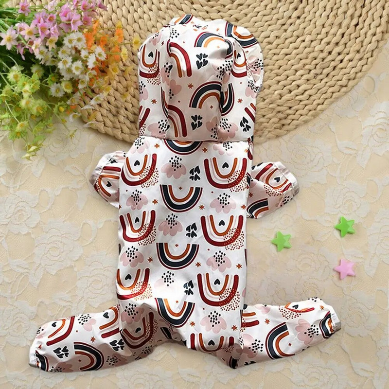 Pelernă de ploaie pentru animale de companie, cu patru picioare, rezistentă la apă, rezistentă la vânt, imprimeu cu desene animate, cu glugă, închidere cu buton de apăsare, acoperire moale, completă, o singură bucată Petackintosh Sma