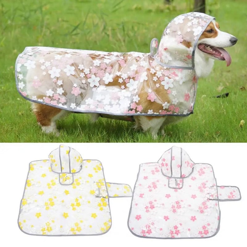 Fashion Dog Rain Jacket Κομψό σχέδιο λουλουδιών Διαφανές ακρωτήριο για κατοικίδια με τρύπα ρυμούλκησης Τέλεια εφαρμογή Αδιάβροχο σκύλου για Teddy