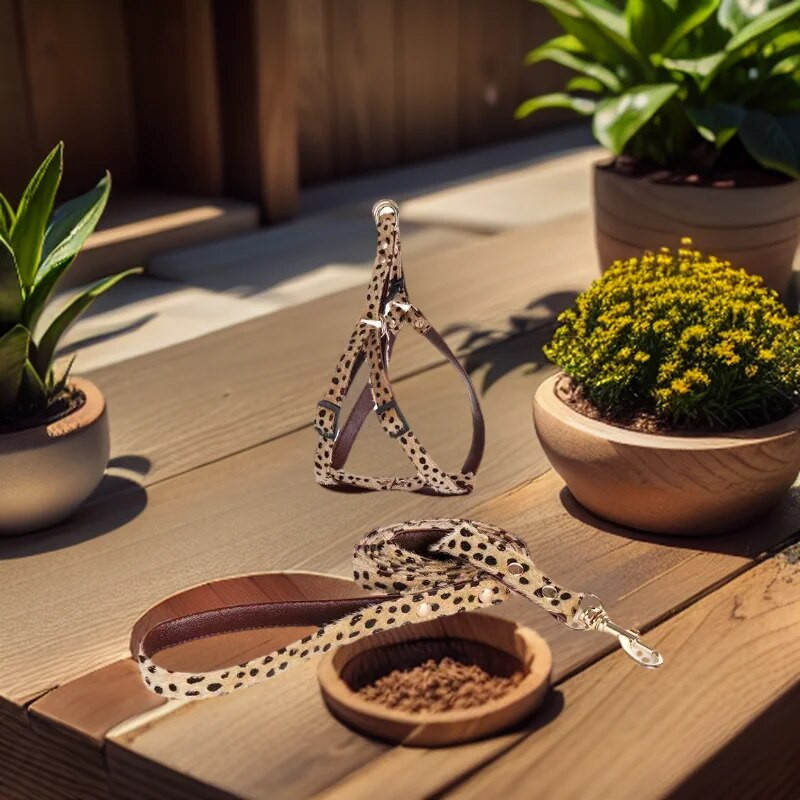 Leopardas su plaukais Madingi naminių gyvūnėlių apykaklės rinkiniai, dideli šunų diržai, traukimo virvės kostiumas, reguliuojamas mielas augintinio dekoravimo priedai