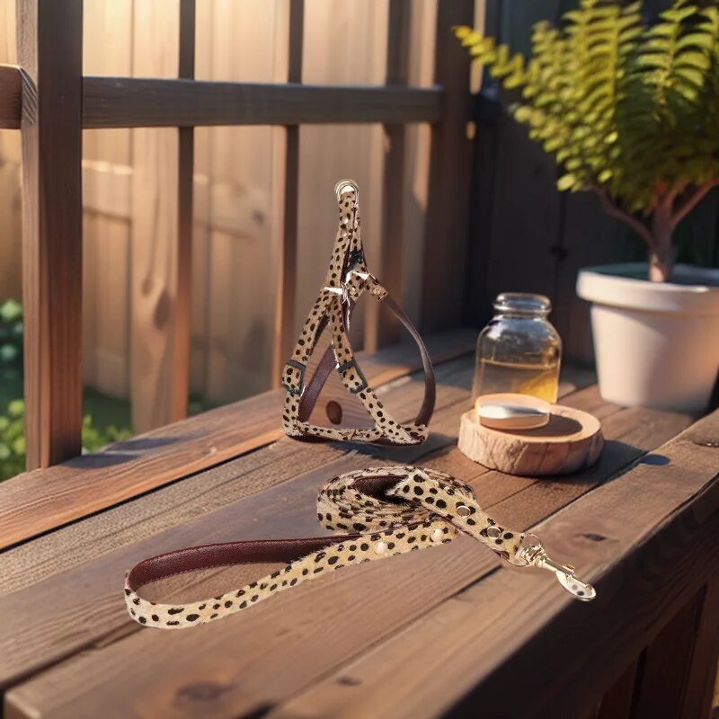 Leopardas su plaukais Madingi naminių gyvūnėlių apykaklės rinkiniai, dideli šunų diržai, traukimo virvės kostiumas, reguliuojamas mielas augintinio dekoravimo priedai