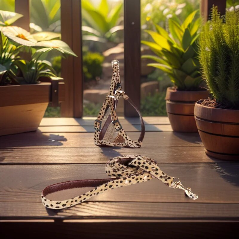 Leopardas su plaukais Madingi naminių gyvūnėlių apykaklės rinkiniai, dideli šunų diržai, traukimo virvės kostiumas, reguliuojamas mielas augintinio dekoravimo priedai