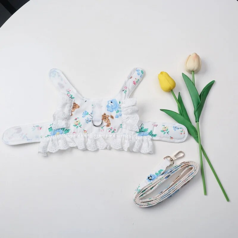 Kutya macska hám póráz készlet Állítható csipke virágos kisállat hám mellény Aranyos kiskutya kutya hercegnő ruha szoknya sétáló ólom chihuahua