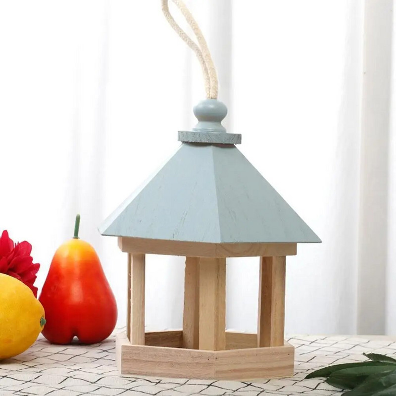 Piekaramie koka putnu mājas sešstūra formas putnu barotavas rotājumi āra pagalma dārza dekorēšanai