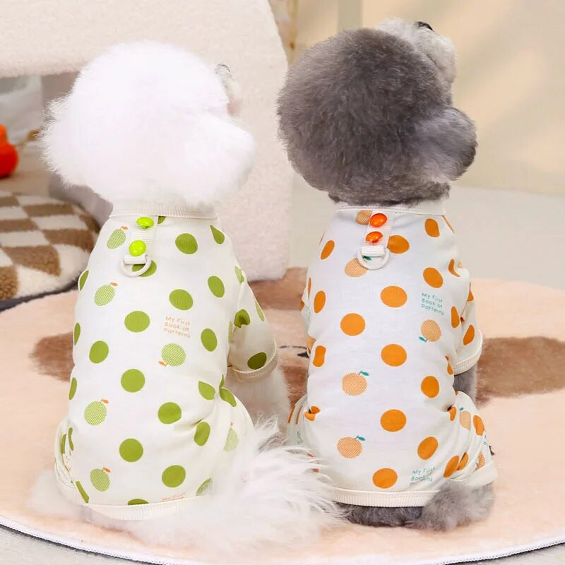 Taškinio rašto 4 kojų gobtuvas pižamos šunų drabužiai Naujausios naminių gyvūnėlių pižamos mažiems šunims Oranžinės žalios spalvos šuniuko kombinezonas pižama meškiukas