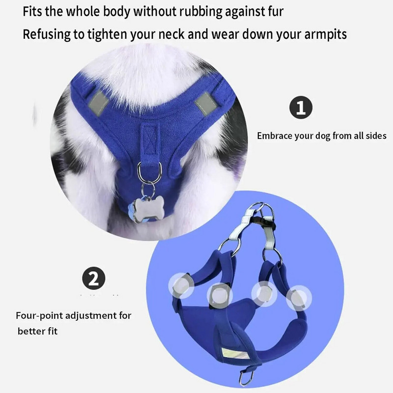 Šunų liemenių diržai Reguliuojami petnešėlės naminiams gyvūnėliams mažiems ir vidutiniams šunims su pavadėliu naminių gyvūnėlių krūtinės šviesą atspindintys zomšinės liemenės tipo diržai šunims