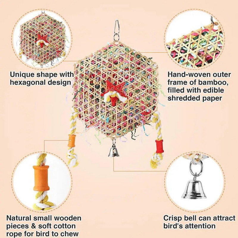 Sešstūraina putnu barības meklēšanas smalcināšanas rotaļlieta Putnu rotaļlietas papagaiļiem Conure piederumi Asaru un papagaiļu papagaiļu rotaļlieta papīra caurulītes rotaļlieta