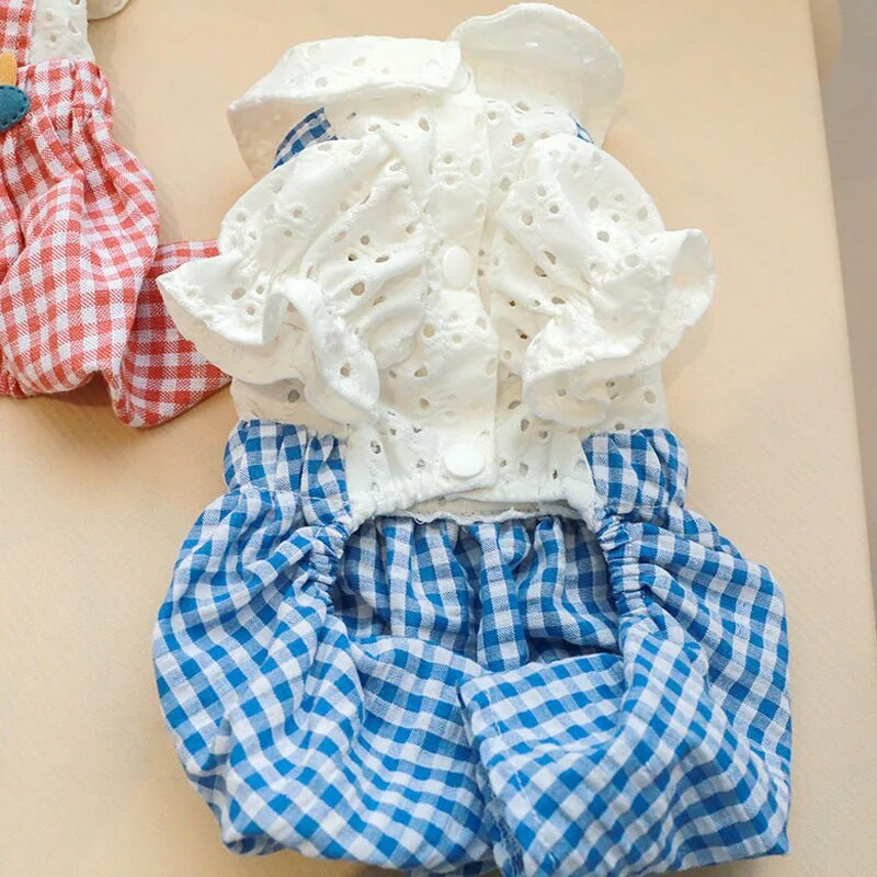 Saldūs šunų drabužiai Pavasaris Vasara Rožinė Mėlyna PJS Šunų kombinezonas Plaid kelnaitės Baltos spalvos marškinėliai Naminių gyvūnėlių kombinezonai Pižama mažiems šunims Taksas