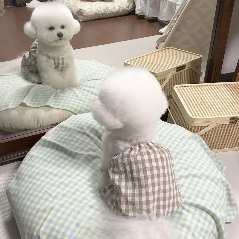 Jauni INS suņu svārki Retro bikšturi Rūtaini kombinezoni Mājdzīvnieku apģērbi Suņu kombinezoni Bišons šnaucers suns kombinezons kaķu kleita sieviete