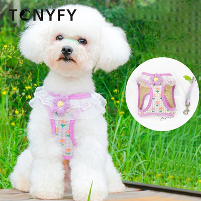 Vest Pet Harness Printed Flower Lace Dog Cats Outdoor Walking Supplies Chest Strap Tracking Leash for Small Medium Puppy Dog