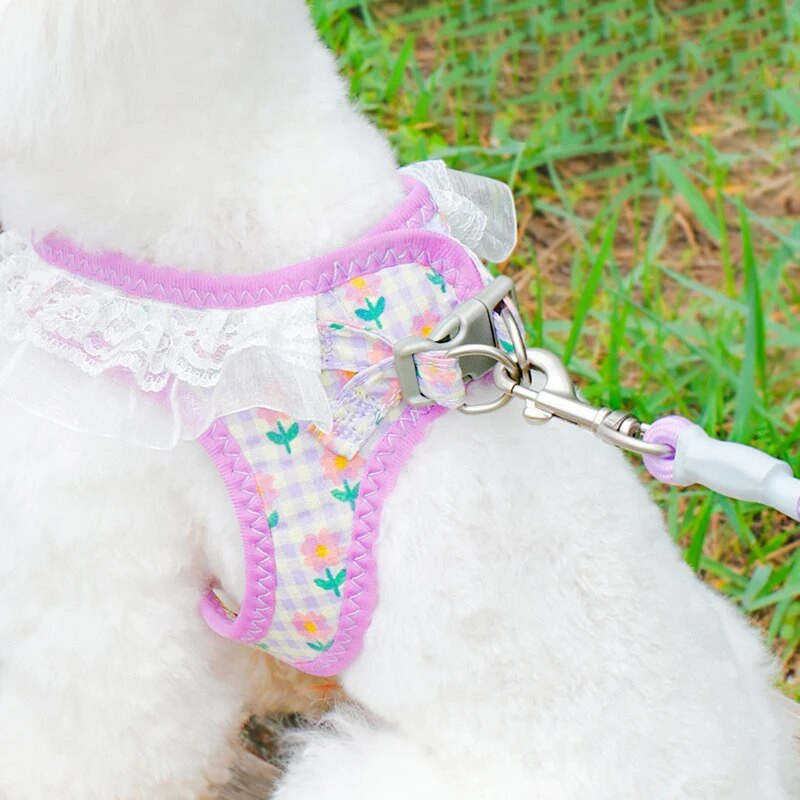Liemenės naminių gyvūnėlių pakinktai spausdinti gėlėmis nėriniai šunų katės lauko vaikščiojimo reikmenys krūtinės dirželio sekimo pavadėlis mažam ir vidutiniam šuniukui