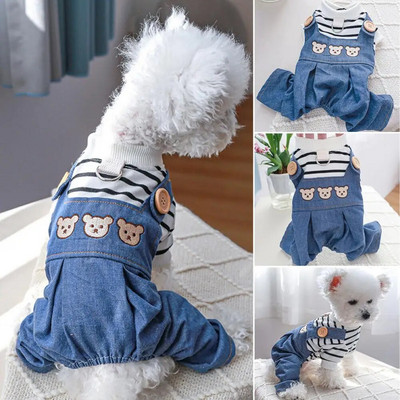 Pet Bodysuit Button Closure Comfortable Dress-up Cartoon Bear Pattern Pet Cat Dog Denim Overalls Pet Jumpsuit Daily Wear
