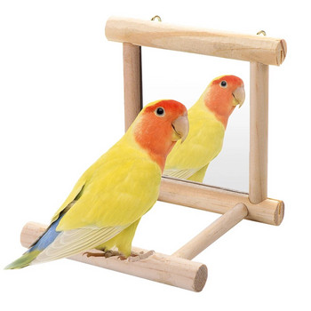 Огледало за птици с дървен костур Интерактивна висяща играчка Игра за Parrot Budgie Parakeet Cocker Conure Finch Budgie Bird Supplies