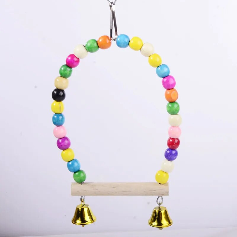 Papūgos stovas žaislas Natūralios medinės spalvingos sūpynės su spalvingais karoliukais varpelio narvas paukščiams mažiems ir vidutiniams paukščiams Prekė Nauja