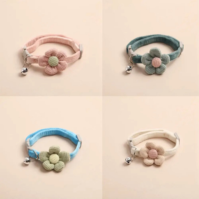 Gyvūno antkaklis Mielas mezgimas Gėlių varpelio antkaklis Reguliuojamas katės karoliai Traukos saugos sagtis šuniuko karoliai
