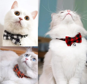 Pet Breakaway γιακά για γάτα Παπιγιόν και καμπάνα Χαριτωμένο καρό χριστουγεννιάτικο κόκκινο ελαστικό ρυθμιζόμενο κολάρο σκύλου με φύλλο μικρό κουδούνι για γάτες
