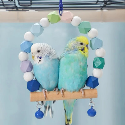 Jucărie din lemn pentru leagăn pentru papagal Accesorii pentru cușcă pentru păsări Suport pentru suport pentru păsări Biban suspendat pentru păsări Jucărie pentru leagăn papagal cu mărgele colorate Clopote