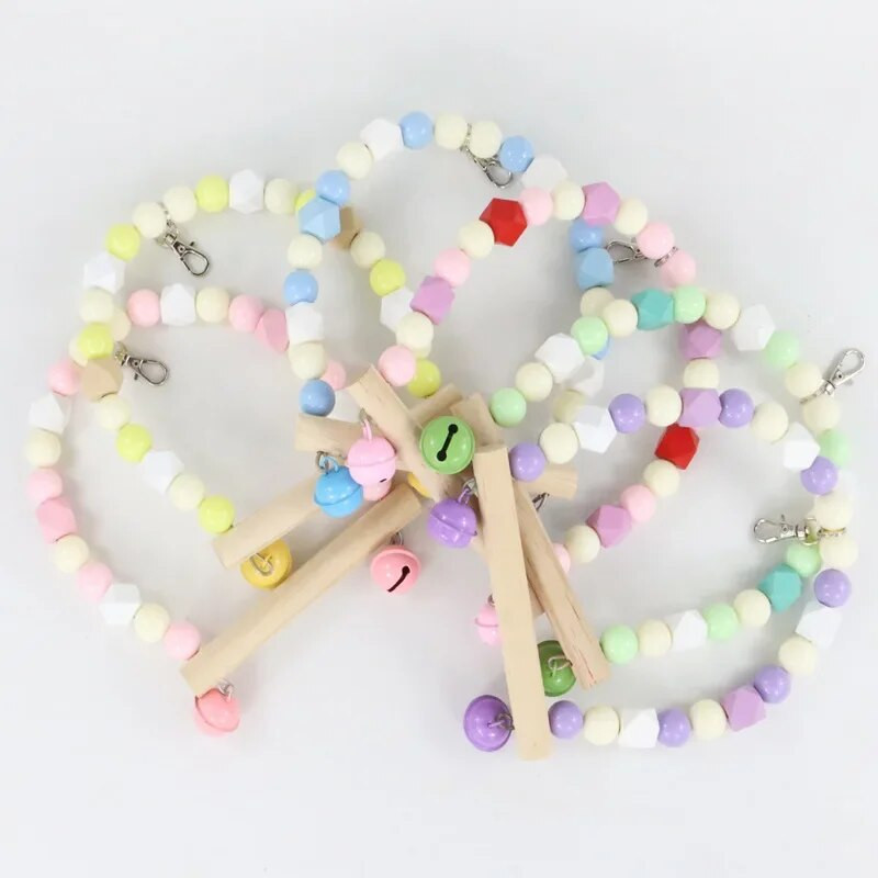 Natūralios medinės papūgos sūpynės žaislas papūgas paukščiai spalvingi karoliukai paukščių reikmenys varpeliai žaislai ešeriai kabantys sūpynės narvas naminiams gyvūnėliams