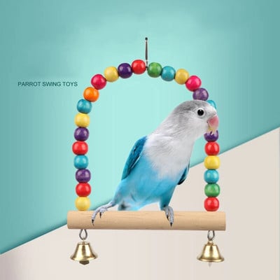 1PC Durable Wooden Parrots Stand Swing Toy Birds Colorful Beads Bird Supplies Bells Toys Perch Hanging Swings Cage for Pets